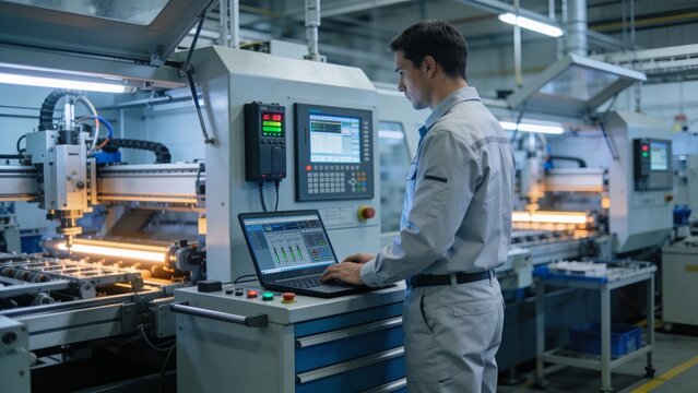 Engineer operating industrial equipment through a laptop and programmable control systems in a factory.