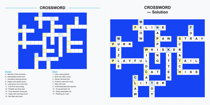 Cat crossword printable activity. 20-word feline vocabulary puzzle with answer key. Classroom worksheet for students and teachers.