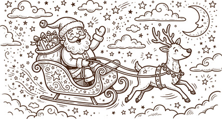 Vintage chrhistmas sketch santa claus in sleigh with reindeer delivering gifts © MST