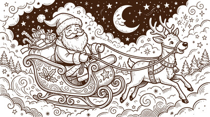 Christmas santa claus riding sleigh pulled by reindeer under starry night sky © MST