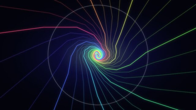 Colorful spiral lines create a tunnel effect in dark background