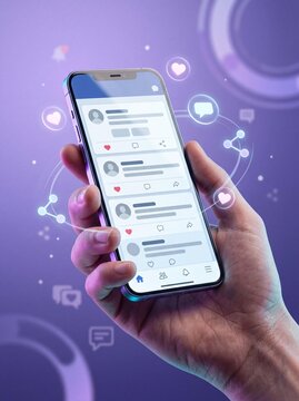 Hand holding smartphone with social media feed on screen