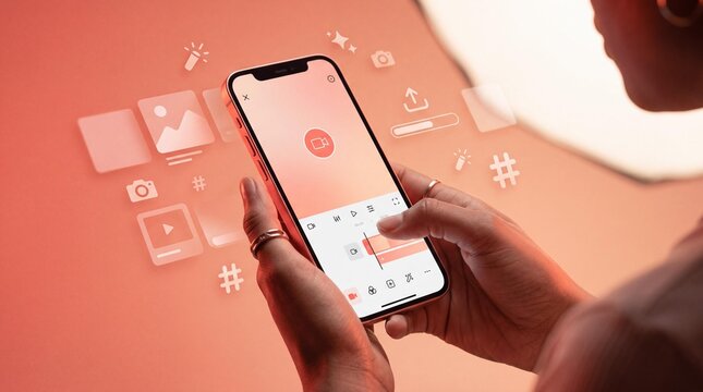 Person editing video on smartphone with social media icons