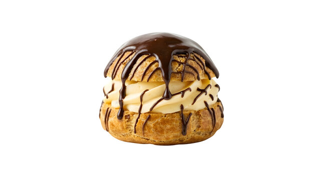 Cream puff with custard filling and chocolate sauce drizzle isolated on white background