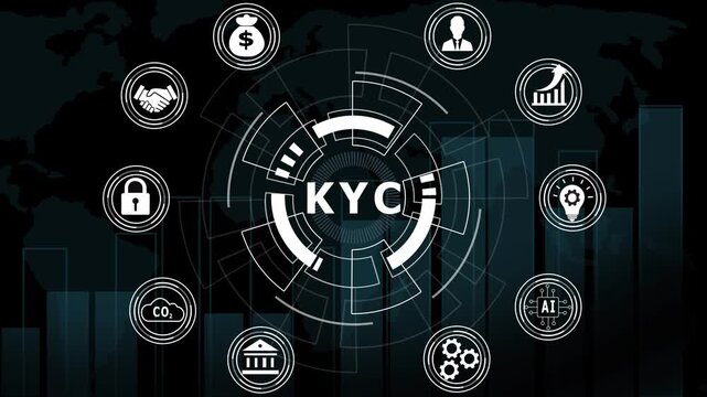 Kyc know your customer digital identity verification concept with animated hud interface, cybersecurity and financial compliance technology motion