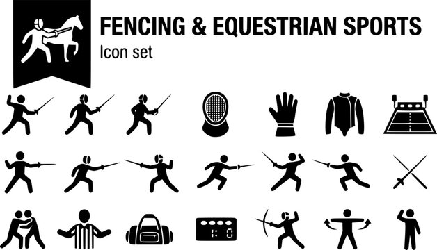 Fencing and Equestrian Sports Silhouette Icon Set with Foil, Epee, Sabre and Piste Strip, 20 Icons Flat Vector