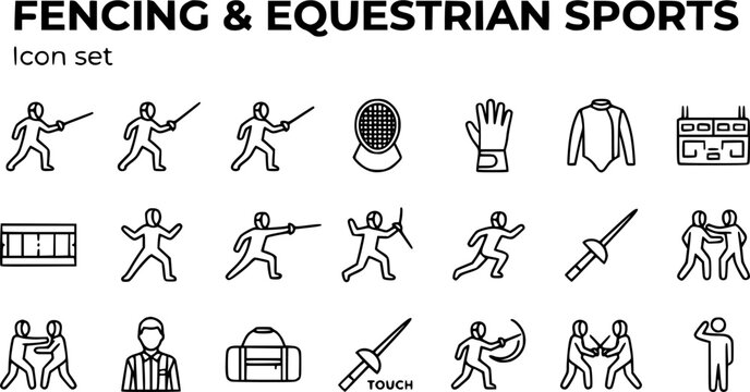 Fencing and Equestrian Sports Outline Icon Set with Foil, Epee, Sabre and Piste Strip, 20 Icons Editable Strokes