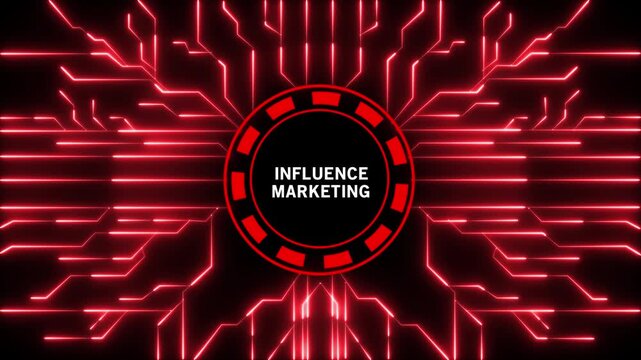 Vibrant glowing red circuit board pattern with a central circular emblem displaying the text INFLUENCEMARKETING in white on a black background