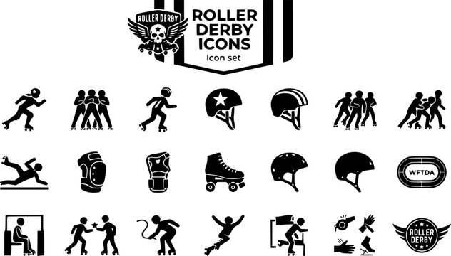 Roller Derby Silhouette Icon Set with Jammer, Blocker, Quad Skate and Derby Track, 20 Icons Flat Vector