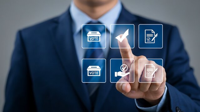 Businessman in blue suit interacting with digital voting icons on screen interface