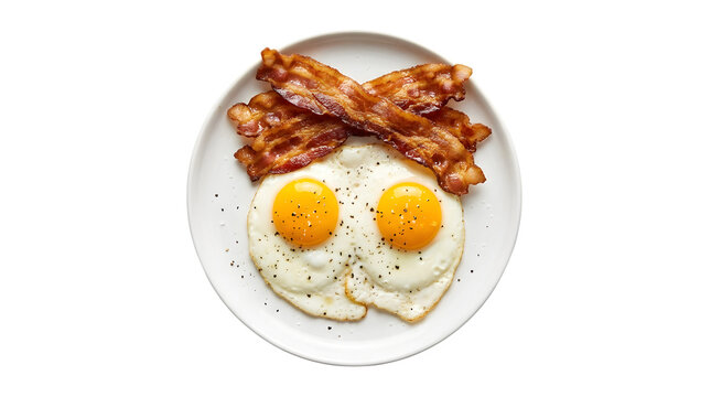 Two sunny side up fried eggs with crispy bacon strips served on a white plate