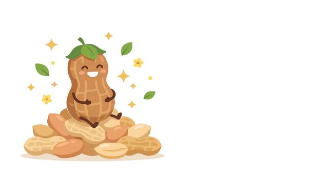 A cartoon peanut celebrates peanut day with leaves and stars around.