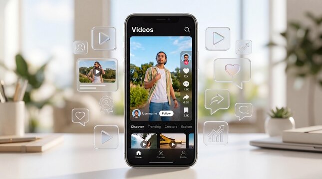 Smartphone displaying social media video feed with icons