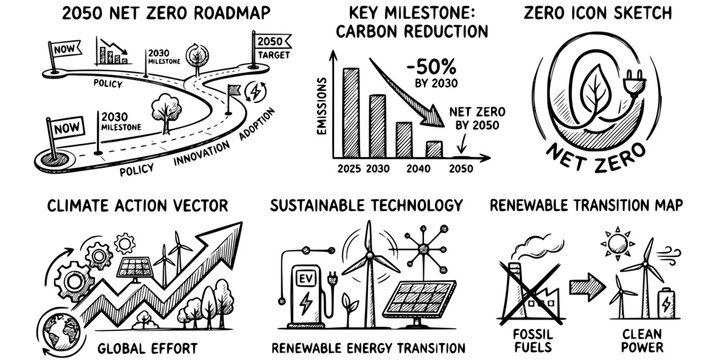 Net Zero Roadmap Sketch Black White-Milestone Carbon Reduction 2050 Target-Climate Vector-Zero Icon Sketch-Net Zero Design Set