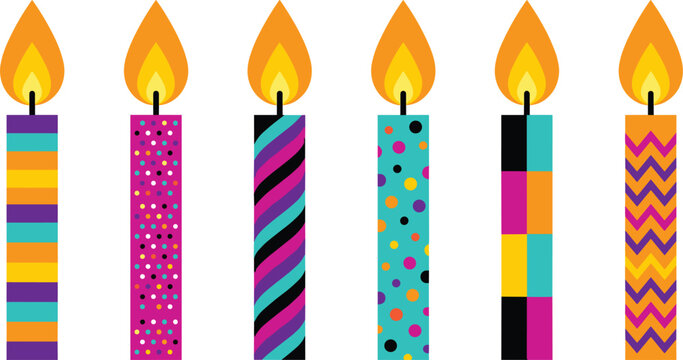 Colorful birthday cake candles vector set with bright festive geometric patterns and burning flames isolated on white background