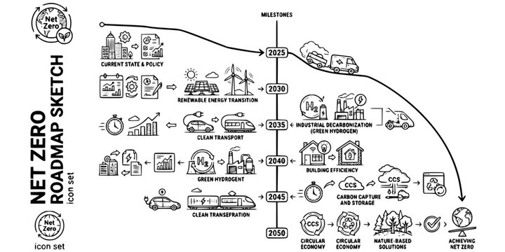 Net Zero Roadmap Sketch Black White-Milestone Carbon Reduction 2050 Target-Climate Vector-Zero Icon Sketch-Net Zero Design Set