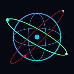 Stylized global network data sphere with orbital paths and nodes on a dark background concept. © SATHI