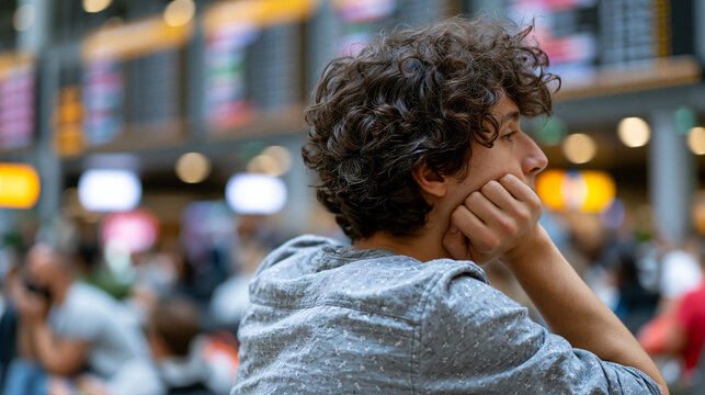 > Bored and tired young male traveler waiting in an airport terminal, resting his chin on his hand. Concept of a delayed flight, canceled journey, or long layover. Blurred departure board in the back