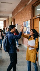 Obraz premium Two smiling Indian students giving high five in school hallway