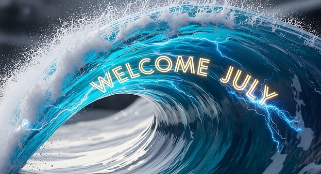 Welcome July month celebration with blue water ripple effect.