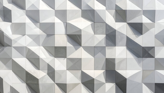 Abstract geometric wall facade, featuring a repeating pattern of 3D triangular and square shapes