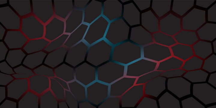 Abstract dark hexagon pattern on red neon background technology style. Modern futuristic geometric shape web banner design. You can use for cover template, poster, flyer, print ad. Vector illustration