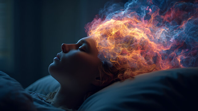 Surreal sleeping child with glowing dream energy flowing from the mind, symbolizing imagination, subconscious activity, emotional processing, anxiety, sleep health and brain development
