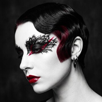 Avant-garde gothic beauty editorial showcasing intricate black lace eye makeup and retro waves with rich crimson accents