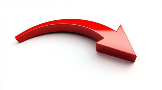 Red 3D curved arrow pointing down and right isolated on white background