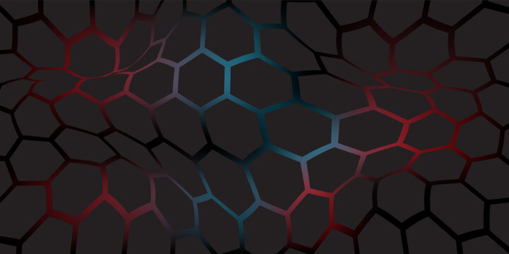 Abstract dark hexagon pattern on red neon background technology style. Modern futuristic geometric shape web banner design. You can use for cover template, poster, flyer, print ad. Vector illustration