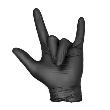 Black gloved hand showing American sign language i love you gesture isolated. Transparent PNG image.