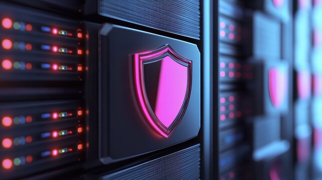 Cyber security and data protection concept with glowing pink shield icon on server rack in data center