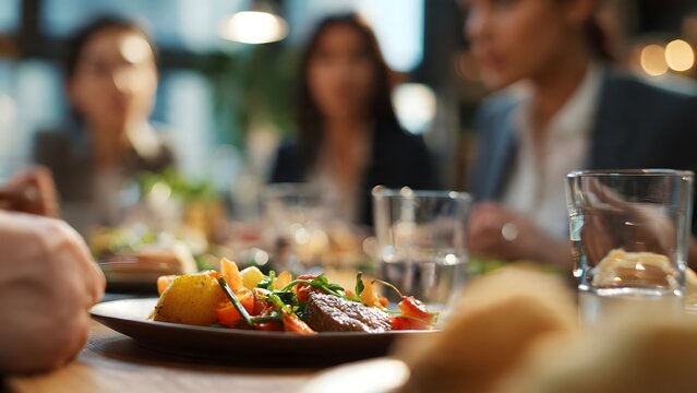 Selective focus on a delicious gourmet meal served during a professional business networking dinner meeting with blurred corporate colleagues interacting in the restaurant background.