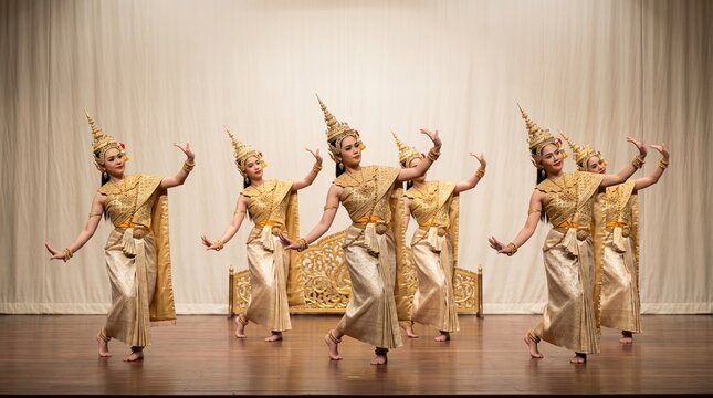 Group of Thai dancers performing in traditional gold costumes  