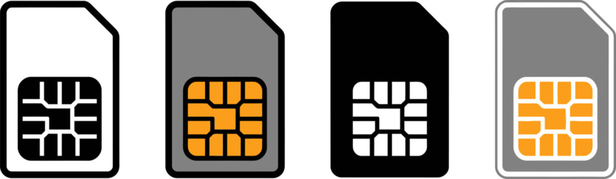 Four different colored SIM cards with various chip patterns  isolated on white background