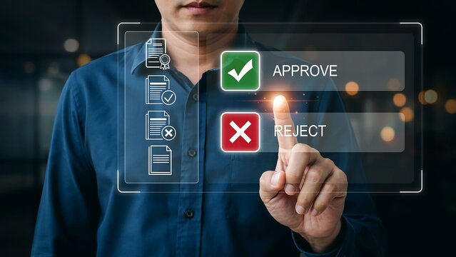 Man interacting with virtual interface approve reject buttons on finger