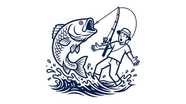 Fisherman surprised by large jumping fish during outdoor sport.