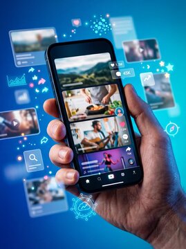 Hand holding smartphone with social media feed