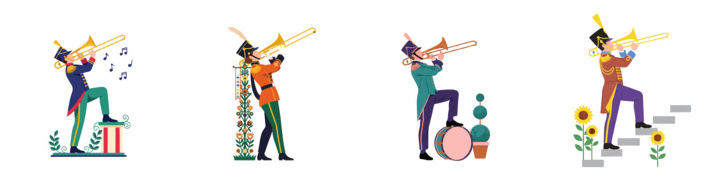 Collection of four flat illustrations featuring male musicians in ornate vintage marching band uniforms playing trombones in different decorative settings.