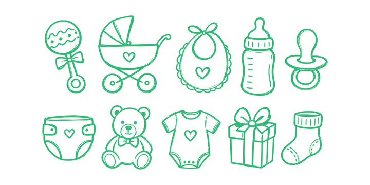 baby shower elements and newborn care doodle icon set with stroller rattle teddy bear bottle and bodysuit vector illustration
