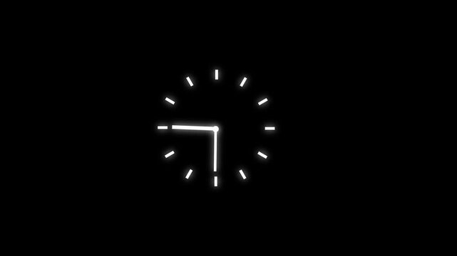 A minimalist glowing white analog clock face with simple dash markers for hours and two thin luminous hands indicating a time shortly after 1o'clock against a stark black background, conveying a