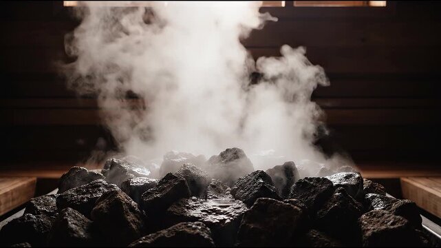 Hot dark sauna stones releasing thick swirling steam upwards in traditional wooden cabin interior, relaxing wellness and heat therapy spa concept.