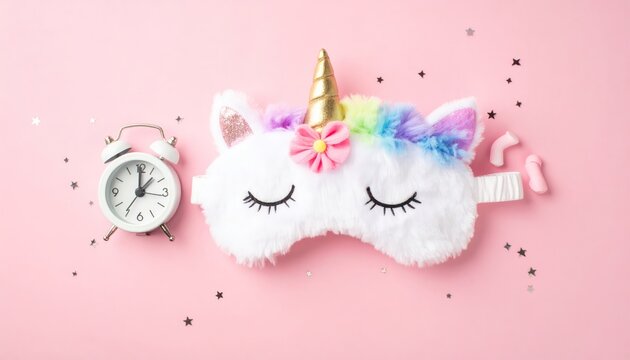 Unicorn Sleep Mask and Alarm Clock on Pink Background.
