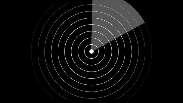 A circular radar screen interface displaying concentric white rings emanating from a central white dot, with a sector of gray translucent wedges indicating a scanned area against a dark background