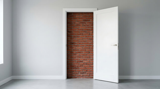 White Open Door Blocked by Red Brick Wall in Empty Room Representing Obstacle and Dead End