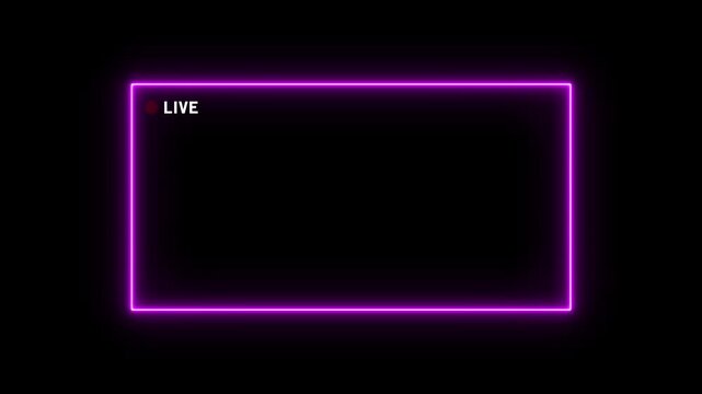 A glowing neon purple rectangular frame with a bright red circular "LIVE" indicator in the upper left corner, set against a solid black background, representing a streaming interface or