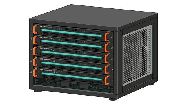 Black server rack cabinet housing five stacked blade server units with glowing teal status lights and orange handles for high-performance data center infrastructure management.