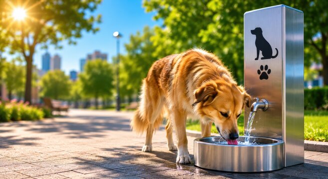 Dog drinking water from public pet fountain in city park on a hot summer day. Animal hydration, pet-friendly infrastructure, heat relief and urban welfare concept