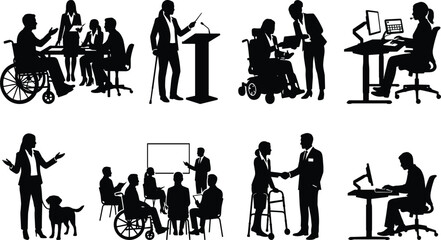 Obraz premium Black silhouettes of professionals with disabilities in workplace and training activities