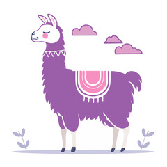 Fototapeta premium Cute purple llama illustration with clouds and plants